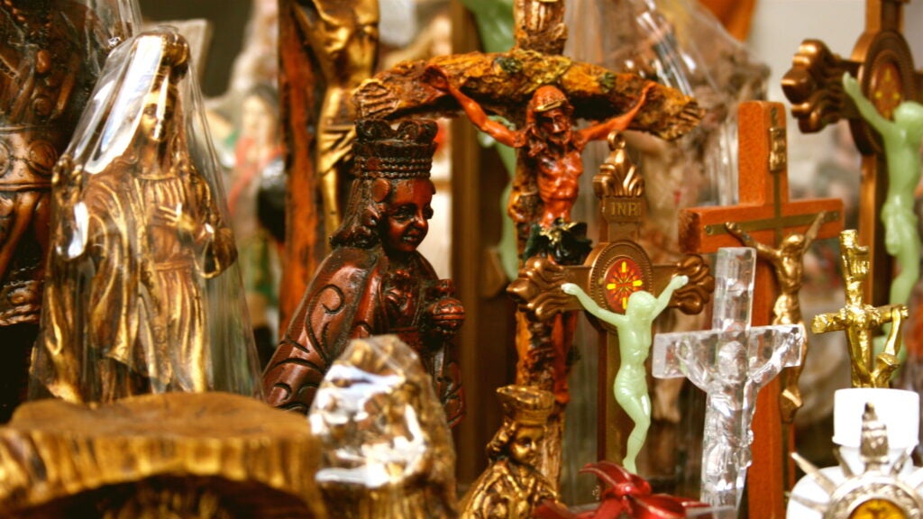 Crosses of various materials and types  - Catholic devotional art, the Philippines.