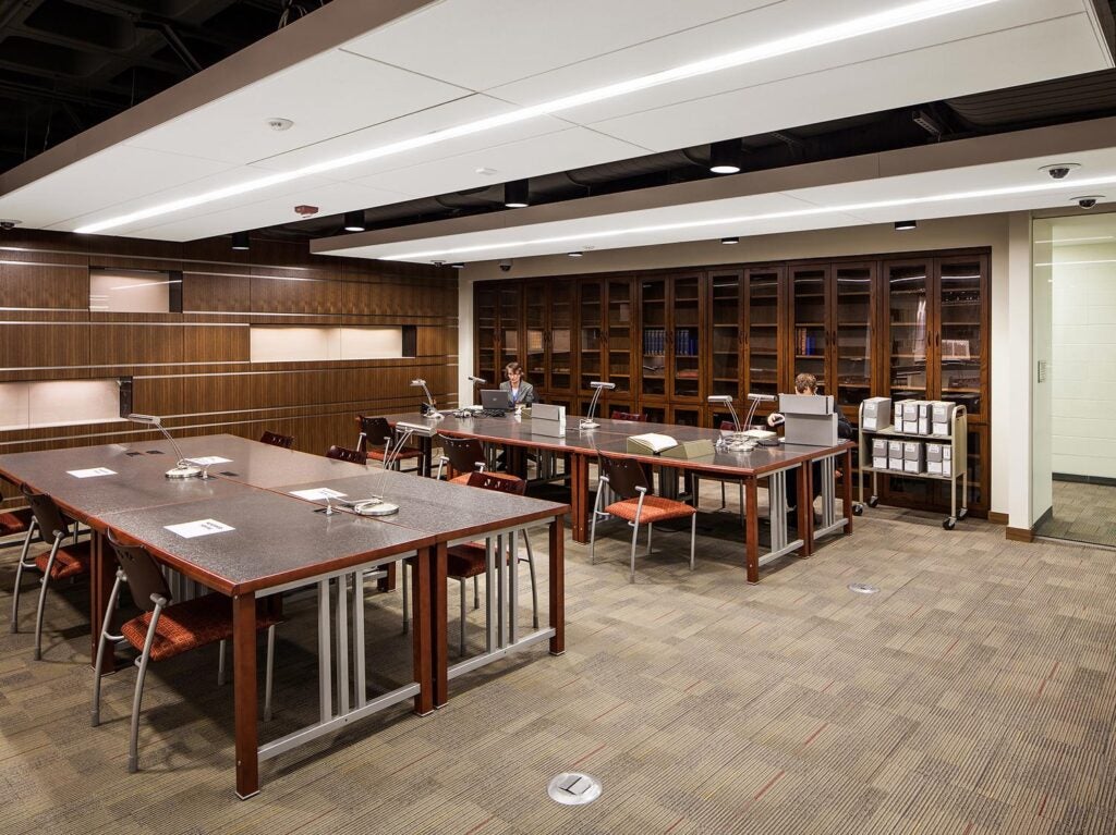 Interior study and research room with desks and chairs in the Lauinger Library